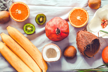 Fresh fruit background. Healthy eating and dieting concept. Winter assortment. Top view. Toning.