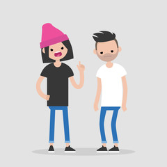 Quarrel conceptual illustration. Young pissed off girl pointing a finger and yelling at her boyfriend. Two arguing characters. Flat editable vector, clip art
