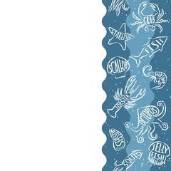 Vertical repeating pattern with seafood products. Seafood seamless banner with underwater contour animals. Tile design for restaurant menu, fish food industry or market shop.
