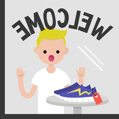 Young character staring at the pair of sneakers at the glass case. Sale. Fashion.  Shopping. Lifestyle. Flat editable vector illustration, clip art