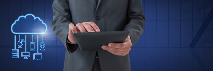 Hand holding tablet with cloud icon and hanging connection