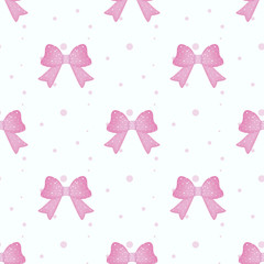 Pink ribbon and bow grid seamless pattern background isolated on white. Vector illustration