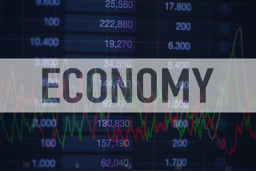Background of numbers and trading charts with the word Economy written above. Economy.