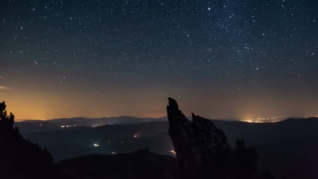Stars moving in night sky over mountains Time lapse