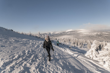 Mountain hiking in winter