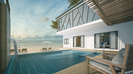 Obraz na płótnie Canvas Sea view swimming pool in modern loft design,Luxury ocean Beach house
