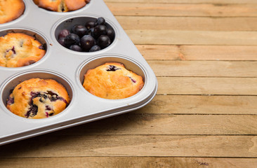 Homemade Blueberry Muffins on a Rustic Wood Table