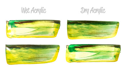 Vector green and gold paint smear stroke stain set. Abstract gold glittering textured art illustration. Gold Texture Paint Stain Illustration. Hand drawn brush strokes vector elements. Acrilyc strokes