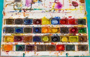 the palette of watercolors spattered with paint