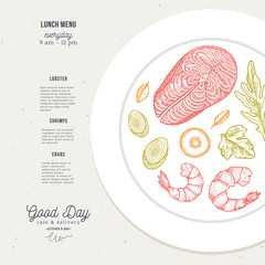 Lunch menu food plate illustration. Cafe design template. Vector illustration