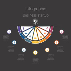 Dark infographic colorful semicircle 7 positions step by step processes.