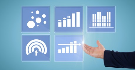 Hand touching business chart statistic icons