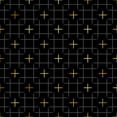 Black squares and gold star geometric pattern in repeat. Fabric print. Seamless background, mosaic ornament, ethnic style. Design for prints on fabrics, textile, surface, paper, wallpaper, interior