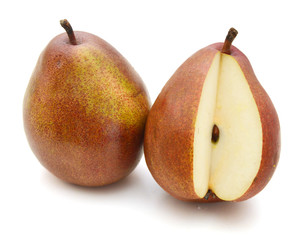 Two ripe red pears on white background. Isolated fruit. Healthy fruit with vitamins.