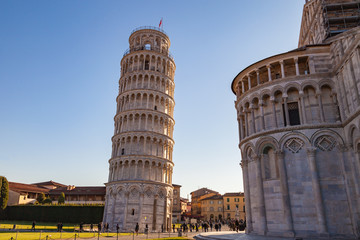 Leaning Tower of Pisa, a Unesco World Heritage Site and one of the most recognized and famous buildings in the world, Tuscany, Italy