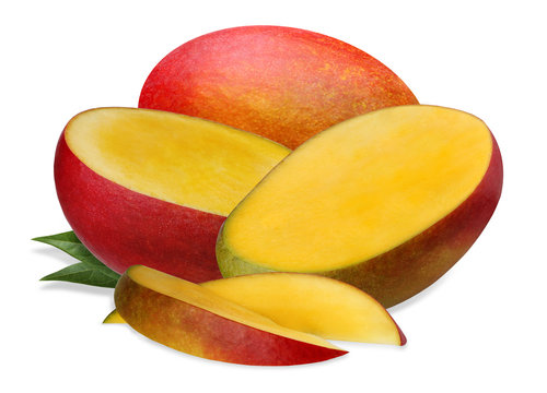 Mango whole and half isolated on white background.