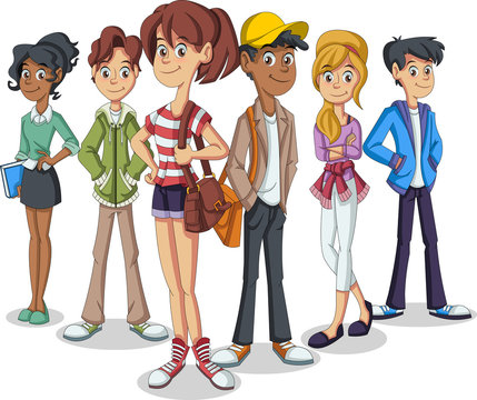 Group of cartoon young people. Teenagers students.
