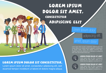 Template for advertising brochure with cute cartoon teenagers
