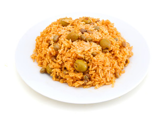 Chicken curry with vegetable curry and rice in plate on white