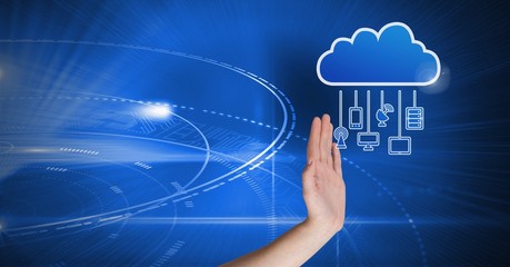Hand with cloud icon and hanging connection devices