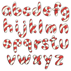 Hand drawn vector candy cane ABC lower case letters