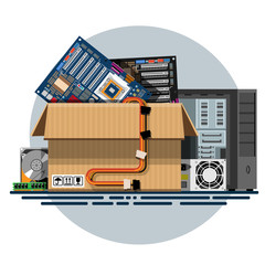 Illustration of a cardboard box with old things in a flat style. Box with old stuff vector. Computer hardware, motherboard, power supply, hard drive, RAM, computer case. Vector illustration Eps10 file