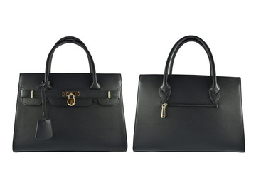 Black female handbag with gold padlock design isolated on white background. beautiful style for woman.