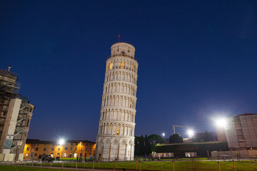 Night view of Leaning Tower of Pisa (Torre di Pisa) on Piazza dei Miracoli in Pisa, Tuscany, Italy.