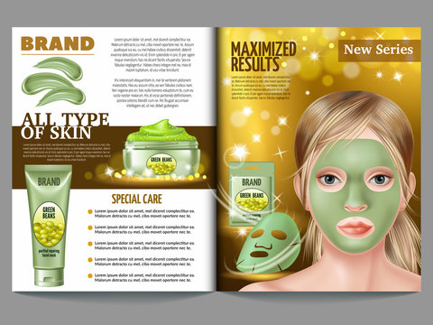 Cosmetic magazine template, green  clay mask and scrub. Mask of green beans. Advertising skin care purifying peel-off. 3d vector realistic illustration.