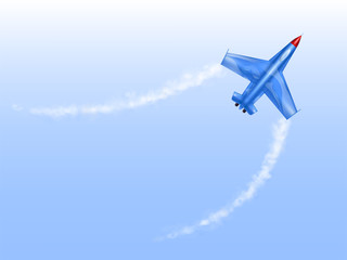 Vector illustration of military aircraft in curve, fighter jet in spin. Combat plane in figured flight, aviation, air vehicle, war airplane isolated on the sky. Army force, modern bomber in flat style