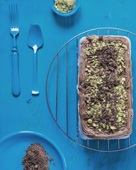 Homemade blueberry ice cream cake with chocolate and nuts. On a bright blue background in style pop art.