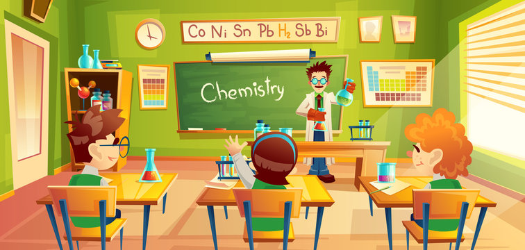 Vector colorful background with school children in classroom at a chemistry lesson. Teacher holds flasks and makes chemical experiment for students in training room. Education concept illustration