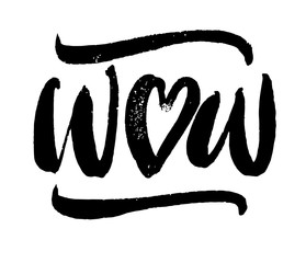 Wow lettering. Hearts illustration. Brush pen calligraphy hand drawn. Valentines day. Black on white.