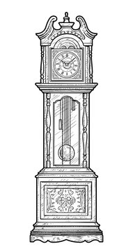 Grandfather clock illustration, drawing, engraving, ink, line art, vector