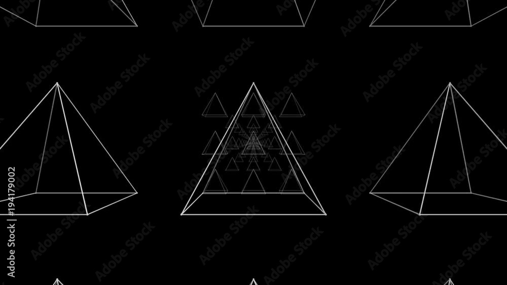 Poster an abstract 3d rendering of tunnel motion effects produced with nine white neon pyramids shifting qu