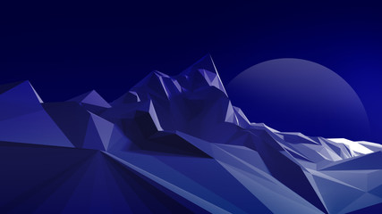 Night polygonal image of a mountainous terrain against the sky and the moon. 3d illustration