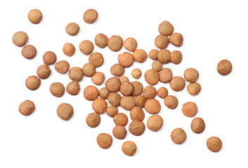 Pile lentil isolated on white background. Top view.