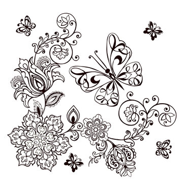 Hand drawn Decorative butterfly with florals for the anti stress coloring page. Butterflies Monochrome Black Pictograms Isolated on White Background.