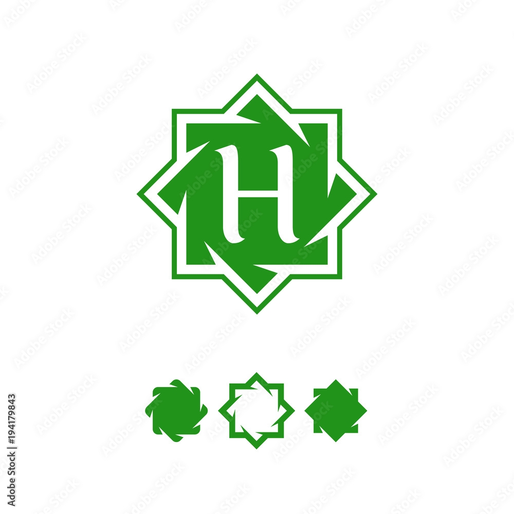 Poster halal abstract symbol template. vector green color octagonal star logo with letter h inside.