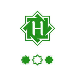 Halal abstract symbol template. Vector green color octagonal star logo with letter H inside.