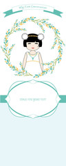 Obraz premium First communion celebration reminder. Cute girl wearing a white dress, surrounded by flower wreath. Space for text