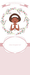 First communion celebration reminder. Cute girl wearing a white dress, surrounded by flower wreath. Space for text