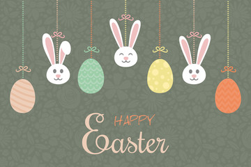 Concept of a card with hanging eggs and bunnies - Easter. Vector.