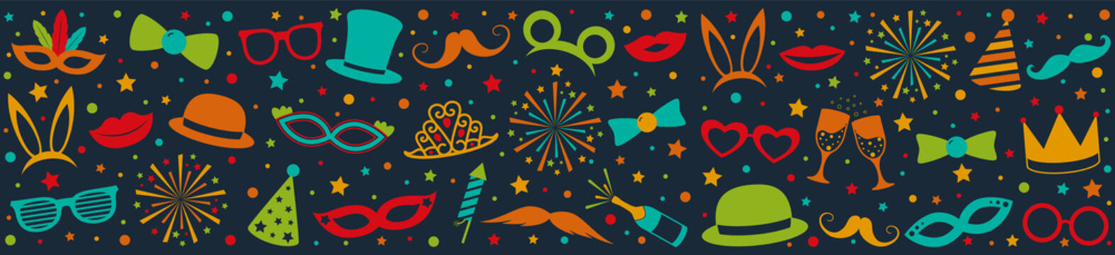 Party banner with colorful icons - panoramic header. Vector.
