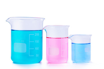 Chemical laboratory experiment beakers and test flasks with colorful liquids and reagents. Research...