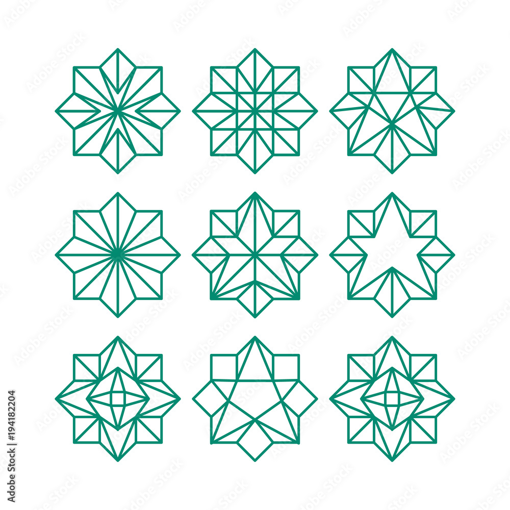 Leinwandbilder line art geometric abstract star icon collection. green color octagonal outline contour stars. vecto