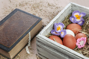 Easter eggs in vintage box. Easter decorations