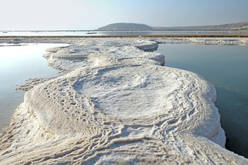 Mount Sdom and patterns of salt on the Dead Sea in Ein Bokek
