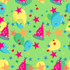 Seamless repeating pattern of balloons, caps, confetti