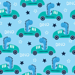 seamless racing dinosaur animal with car pattern vector illustration